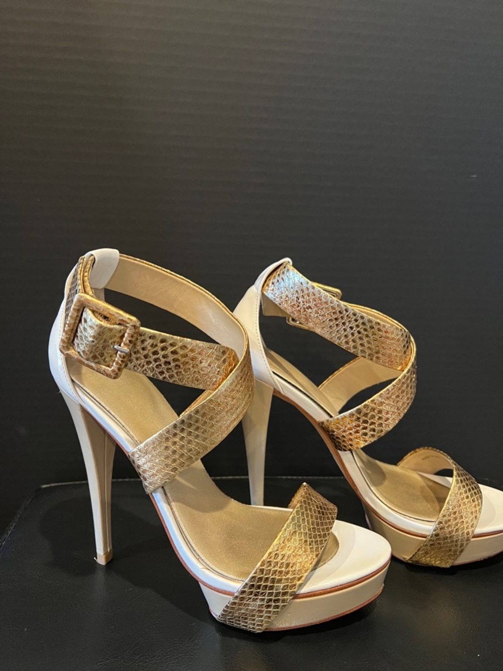 bebe Gold Snakeskin Platform Strappy Heels